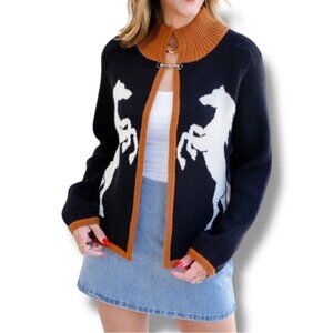 “Don't Reign Me In” Cardigan Black/Rust White Horse Silhouette Horse Bit Closure